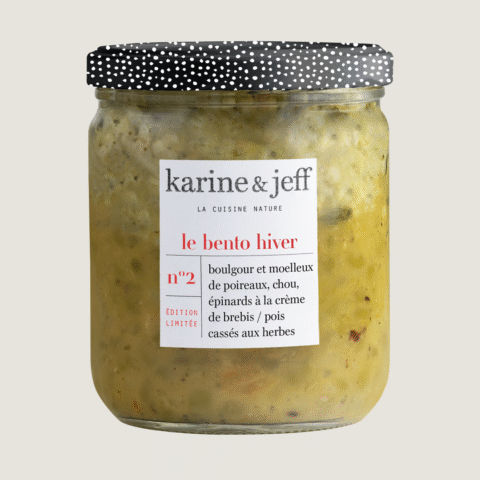 Bulgur met smeltende prei, kool en spinazie in schapenroom / spliterwten met kruiden
