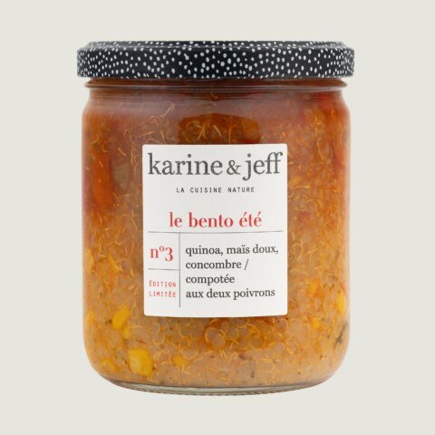 Quinoa, suikermais, komkommer / compote van twee paprika's