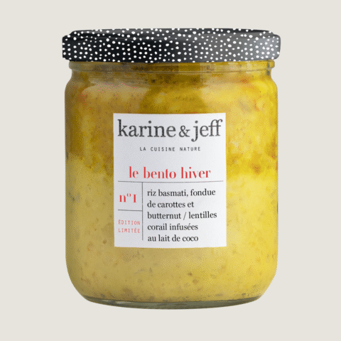 Basmatirijst, fondue van wortel en butternut / rode linzen met kokosmelk