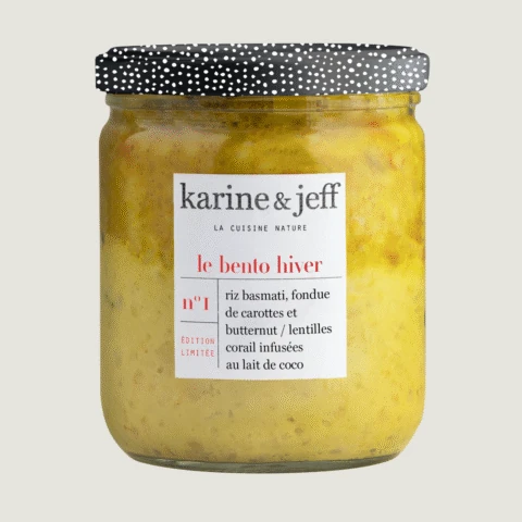 Basmatirijst, fondue van wortel en butternut / rode linzen met kokosmelk