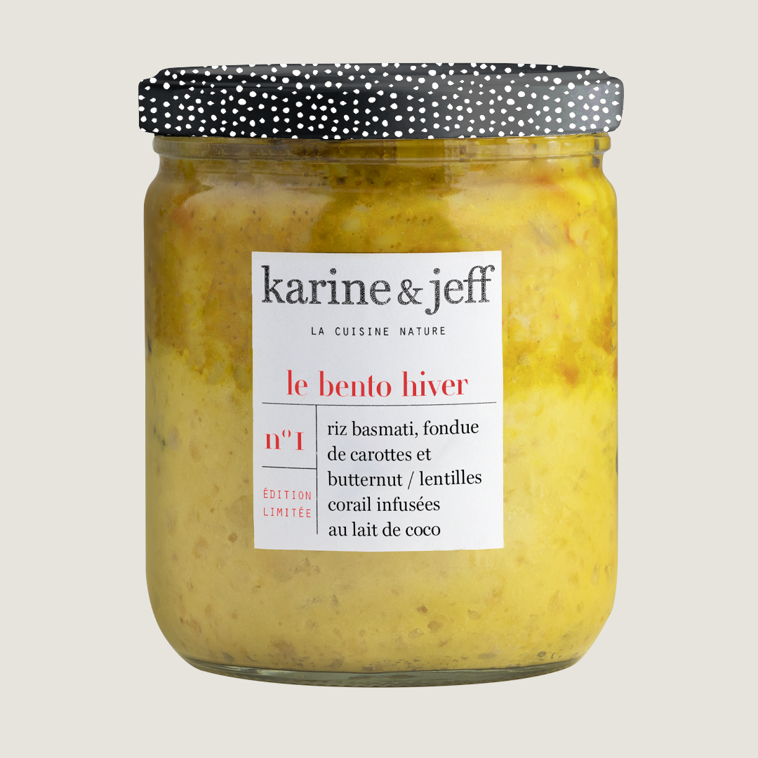 Basmatirijst, fondue van wortel en butternut / rode linzen met kokosmelk
